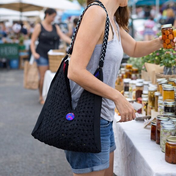 Hand Crafted Handbags - Hand Crafted Crochet Granny Square Three Triangle Cotton Bag Purse Tote